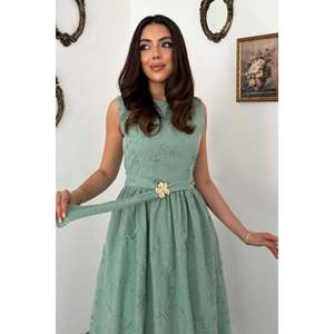 Elisa Fashion Woman <b>Mint</b> Belted <b>Dress</b> with Gathered Waist - Product Image 2