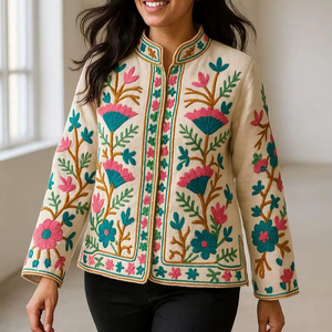 Chaqueta de algodón reversible bordada Suzani hecha a mano abrigo estampado de bloque bohemio ropa artesanal India - Product Image 1