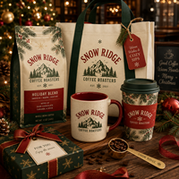 Coffret cadeau de Noël personnalisé AT PACK avec sacs à café, tasses, gobelets, sacs fourre-tout, boîtes et fournitures de café de marque pour les fêtes