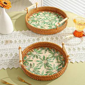 Plateau de service à thé en rotin MOP pièce maîtresse de table haut choix capiz coquille mosaïque plateaux de petit déjeuner - Product Image 4