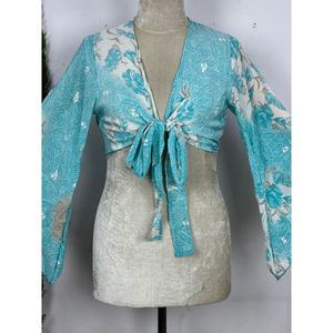 Bohemian Hippie Chic Long Bell Sleeve Wrap <b>Top</b> Front Tie Colorful Paisley Flower Pattern <b>Festival</b> Boho Fairy Goddess Chiffon - Product Image 4