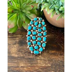 Darlene Begay Kingman Turquoise & Stainless Steel <b>Adjustable</b> <b>Ring</b> with Sterling Silver Bezel Setting Size 11 Gift - Product Image 1