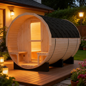 Sauna de barril de pino blanco para 6 personas con calentador de 6KW para exteriores, tejas impermeables y bancos de porche - Product Image 1