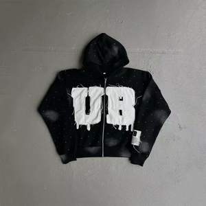 Streetwear Diseño de cremallera Algodón Lavado ácido Sudadera con capucha Bordado de diamantes de imitación Sun Faded Sudaderas con capucha desgastadas - Product Image 3