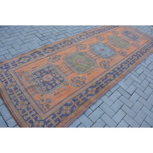 Classique Orange Noir Vintage Tapis Turc 4.3X11.4 ft À La Main Patchwork Conception Laine Bambou Soie Latex Rectangle Couloir Chambre - Product Image 2