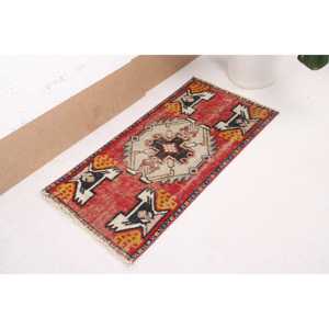 1.5x3 ft Small Vintage Rug, Turkish Rug, Red <b>Yellow</b> Ombr <b>Wool</b> Rug - Product Image 4