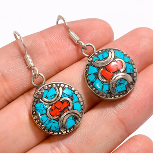 Pendientes de piedras preciosas de turquesa natural, pendientes hechos a mano nepalíes de plata tibetana, joyería alemana - Product Image 3
