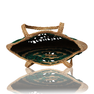 Sac à main bohème rond en jute avec motif ajouré vert, deux poignées, sac de plage d'été fait main pour femmes - Product Image 4