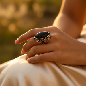 Anillo de Plata de Ley 925 con Ónix Negro para Hombre, Joyería Fina Vintage, Chapado en Rodio, Incrustaciones de Piedras Preciosas Talladas, Diseño Intrincado - Product Image 1