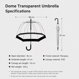 Parapluie droit personnalisé à ouverture automatique, style japonais, forme arquée, 86 cm de diamètre, transparent, avec poignée incurvée en plastique - Product Image 2