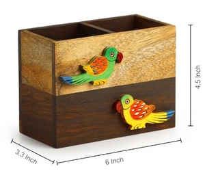 Oiseaux d'une plume couverts Cum porte-serviettes en bois de sesham et manguier ustensile en bois Caddy porte-couverts de comptoir - Product Image 3