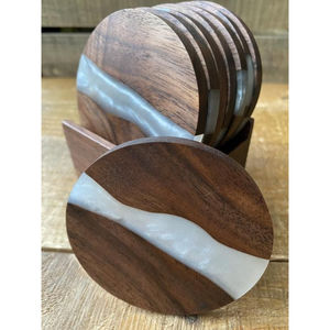 Modern Round Wooden <b>Drink</b> <b>Coasters</b> With White Resin Vintage Handmade Acacia Wood Resin <b>Coaster</b> Set With Holder <b>For</b> Home Decor - Product Image 1