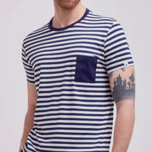 Camiseta de Algodón 100% con Rayas Azules, Estilo Casual, Tejido Jersey de 220 Gramos, Tinte Liso, Cuello Redondo, Corte Regular - Product Image 1