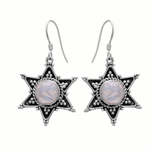 Pierre de lune arc-en-ciel naturelle 925 argent sterling Starburst Dangle 3.8 cm boucles d'oreilles 5.26 gms bijoux faits à la main pour les filles - Product Image 1