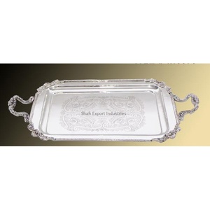 Bandeja para servir de metal hecha a mano con asa, rectangular, plateada, para el hogar y el hotel, utensilios de cocina, bandejas para servir alimentos - Product Image 2