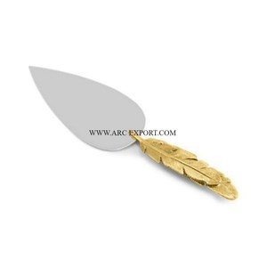 Ensemble de 2 serveurs et couteaux de cuisine de qualité de luxe en métal poli doré pour la décoration de gâteaux au design moderne et vintage - Product Image 2