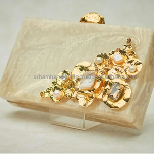 Bolso de mano de boda Vintage de lujo para mujer, Asa de latón dorado, perla, acrílico, resina geométrica, bolsos de mano para fiestas - Product Image 1