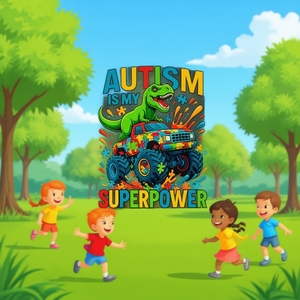 Camiseta Promocional con la Frase "El Autismo Es Mi Superpoder" y Diseño de Dinosaurio Monster Truck - Product Image 3