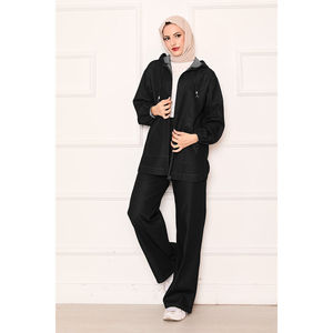 Ensemble en jean noir à capuche pour femme avec fermeture éclair et détail poche kangourou - Product Image 3