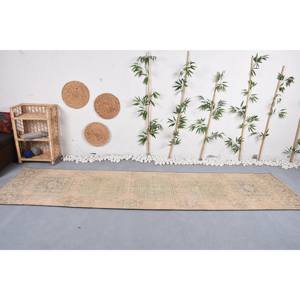 Alfombra de lana Vintage hecha a mano Beige verde Patchwork área rectangular grande 2,9X11,2 pies clásica para dormitorio felpa de látex para pasillo - Product Image 1