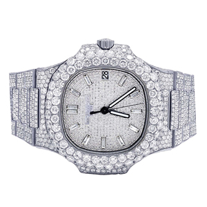Fashion Iced Out Moissanite Quartz <b>Watch</b> with Glass Dial <b>Black</b> Roman Numerals - Product Image 1
