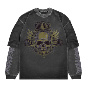 Style tendance haute qualité Double couche O cou 100% coton à manches longues Streetwear en détresse surdimensionné hommes t-shirt - Product Image 3