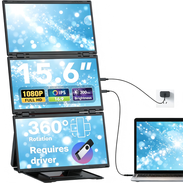 Portable Display Shelves 15.6 Inch IPS Screen Monitor Type C Ultra Thin Slim Design Built-in Dual Speakers 1080P Resolution