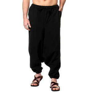 Pantalon de yoga écologique taille haute hippie bohème pour hommes taille libre style baggy classique et décontracté motif tissé en toile de coton délavé foncé - Product Image 1