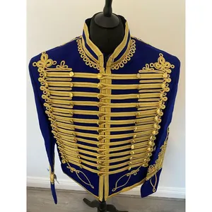 Wholesale Dark Blue Green Gold Braided Hussar Velvet Men Jacket | custom design jackets velvet