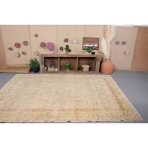 Alfombra turca Vintage clásica Beige 6,3x9,6 pies diseño de retazos de lana hecho a mano respaldo de látex para cabecera patrón de pasillo rectangular - Product Image 4