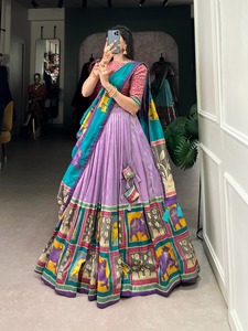 Stunning Tussar Silk Lehenga with Kalamkari With Foil Work and Printed Foil Blouse Designed for Elegance - Product Image 4