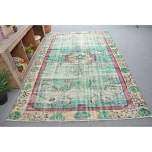 Tapis Vintage Turc Bohème Vert Beige Laine 5.7X9 pieds Classique Grande Surface Rectangle Patchwork Design pour Couloir Chambre Décor - Product Image 3