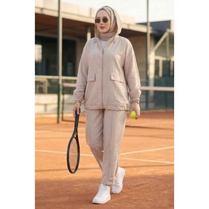 Ensemble décontracté 2 pièces côtelé avec fermeture éclair en beige (coupe ample pour l'été et l'hiver) - Product Image 1