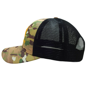 Sombrero de camionero de 6 paneles de camuflaje verde, bordado 3D, ala curva, línea de costura de contraste, malla negra, hebilla de un solo pecho de plástico - Product Image 3