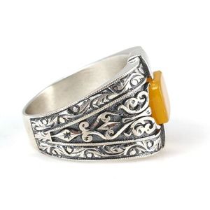 925 Sterling <b>Silver</b> Rectangular Men's Ring with Radiant Cut Amber Stone and <b>Pen</b> Design Bezel Setting Inlay Everyday Wear - Product Image 3
