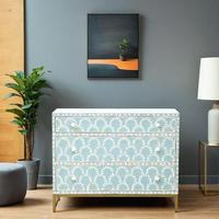 Collection Sultans : Commode à 5 tiroirs opulente bleu et blanc avec incrustations en os, finitions écologiques et sécurisées pour les enfants, artisanat de mode indien pour la maison et l'école