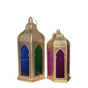 New Decorative Gold Iron Moroccan <b>Candle</b> <b>Lantern</b> Green & Blue Sided Glass for Home Living Room Tabletop Decoration - Product Image 4