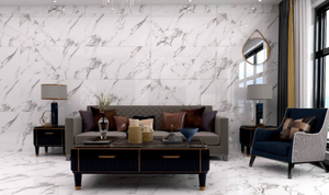 Panneau mural en céramique minimaliste moderne effet marbre, veines blanches et grises, 600x1200mm, finition brillante, matériau multifonctionnel, Leo Stone - Product Image 2