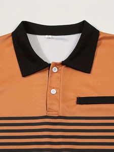 Men's <b>Orange</b> Black Color Blocked Striped Short Sleeve <b>Polo</b> Shirt With Pocket Casual Style Regular Fit - Product Image 3