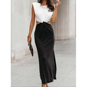 Vestido Largo de Crepé Brillante de Dos Tonos con Hombros Altos, Cuello Redondo y Laterales Abiertos, con Relleno, para Mujer, 37986 - Blanco - Product Image 4