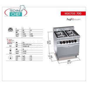 Cocina de Gas de 4 Quemadores con Horno Eléctrico GN 2/1, Kw.21+7.5 - Product Image 4