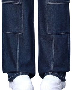 Jeans cargo à jambes larges en indigo foncé pour femmes, pantalon en denim taille haute, surpiqûres contrastées, poches utilitaires, streetwear, fournisseur OEM - Product Image 6