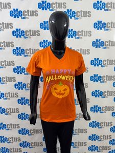 Wholesale Custom Halloween T-Shirts Orange V Neck Custom Logo <b>Print</b> Tee Shirts Cotton Polyester Woman's T-shirts - Product Image 3