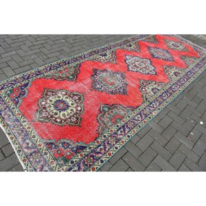 4.6x12.8 ft Vintage Rug, <b>Red</b> Check Turkish Rug <b>Wool</b> - Product Image 2