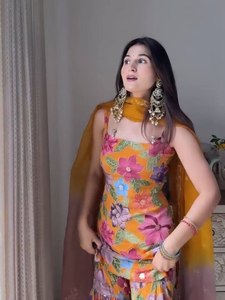 Chinon lụa nặng in kỹ thuật số & đá tay làm việc hàng đầu & sharara với <span class=keywords><strong>leheriya</strong></span> in với Faux georgette thêu làm việc dupatta - Product Image 3