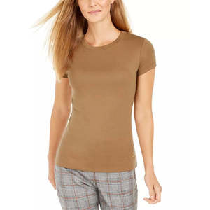 T-shirt Basic a Maniche Corte da Donna Calvin Klein 100% Cotone Jersey Traspirante Leggero con Decorazione a Diamante Marrone Taglia S - Product Image 1