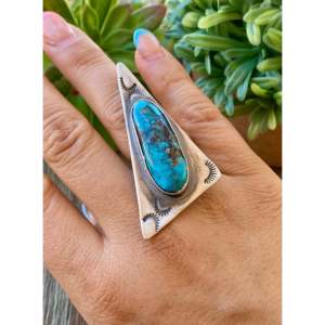 Delbert Shirley Bohemian Fashionable Kingman Turquoise & Sterling Silver <b>Adjustable</b> <b>Ring</b> Bezel Setting Inlay for Size 7.5 Gift - Product Image 2