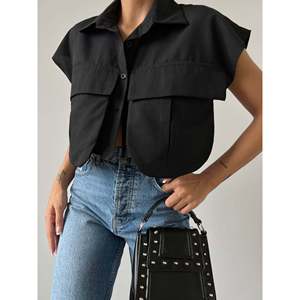 Mybeefashion Camisa informal de mezcla de algodón negra para mujer con detalle de bolsillo frontal, blusa de manga larga con cuello vuelto - Product Image 1