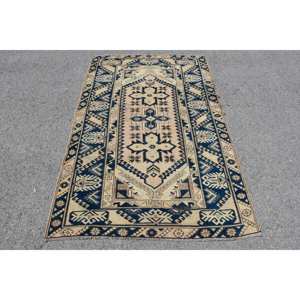 Alfombra de lana turca Vintage Beige azul clásica 3,9 'X 6,1 'patrón de retales de tejido plano para decoraciones de sala de estar Uso de pasillo - Product Image 1