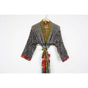 Handmade Women's <b>Silk</b> Sari <b>Kimono</b> Robe V-Neck Drawstring Casual Spring Full-Length Patchwork Design Breathable Soft Luxury - Product Image 2